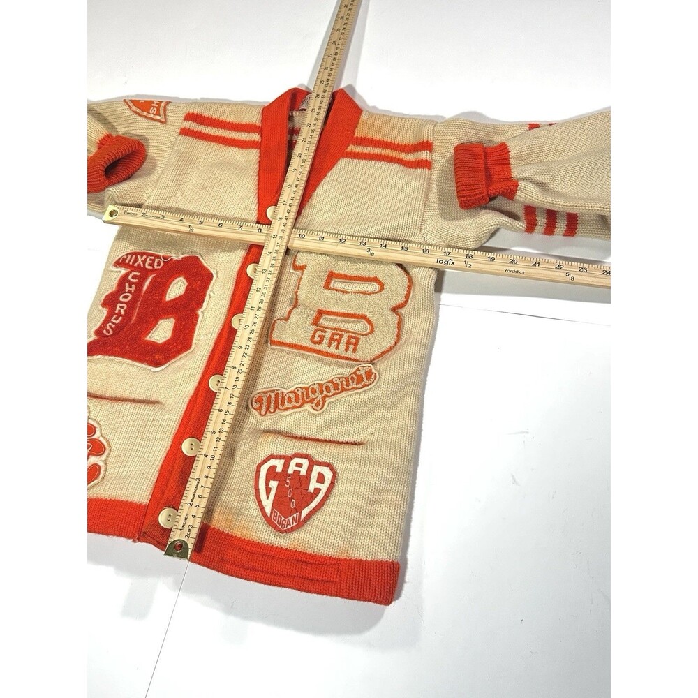 Vintage 1950s Chicago Letterman Cardigan Sweater Women Cream Orange Wool Patches - Picture 5 of 14